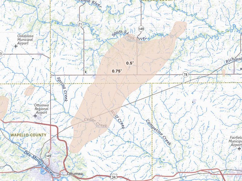 Radar-estimated hail-size map of the storm over Hedrick, IA on Apr 17, 2026