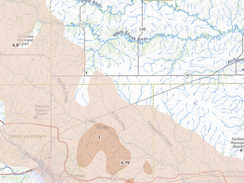 Radar-estimated hail-size map of the storm over Hedrick, IA on Jun 17, 2026