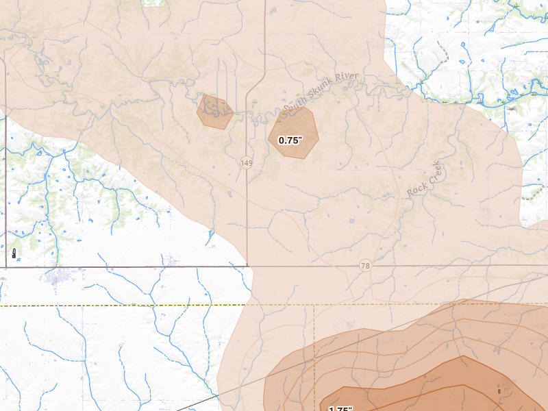 Radar-estimated hail-size map of the storm over Hedrick, IA on Aug 7, 2026