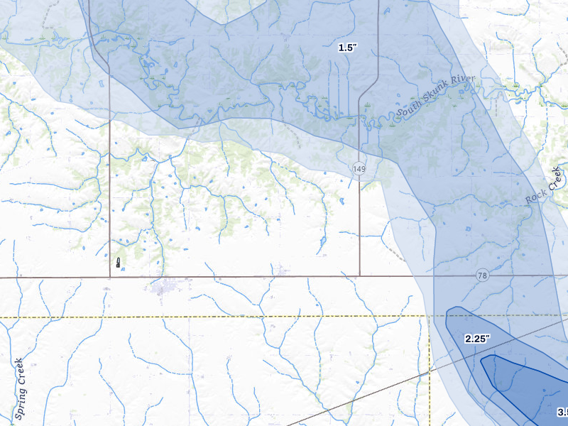 NEXRAD radar-signature map of the hail storm over Hedrick, IA on Aug 7, 2026