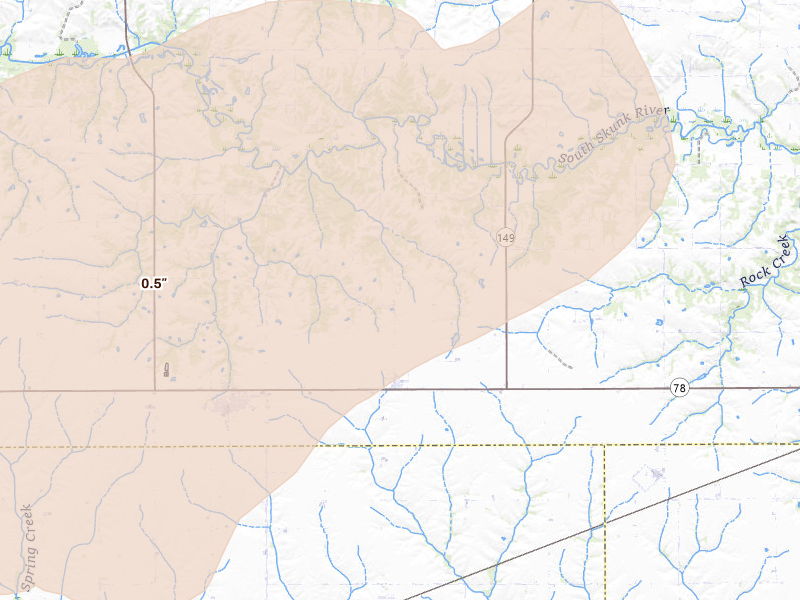 Radar-estimated hail-size map of the storm over Hedrick, IA on Aug 13, 2026