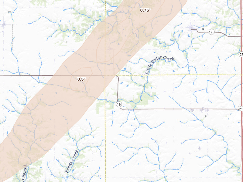 Radar-estimated hail-size map of the storm over Hillsboro, IA on Mar 5, 2026