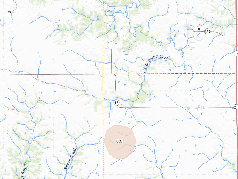 Radar-estimated hail-size map of the storm over Hillsboro, IA on May 18, 2026