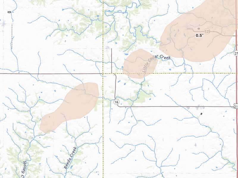 Radar-estimated hail-size map of the storm over Hillsboro, IA on Jul 3, 2026