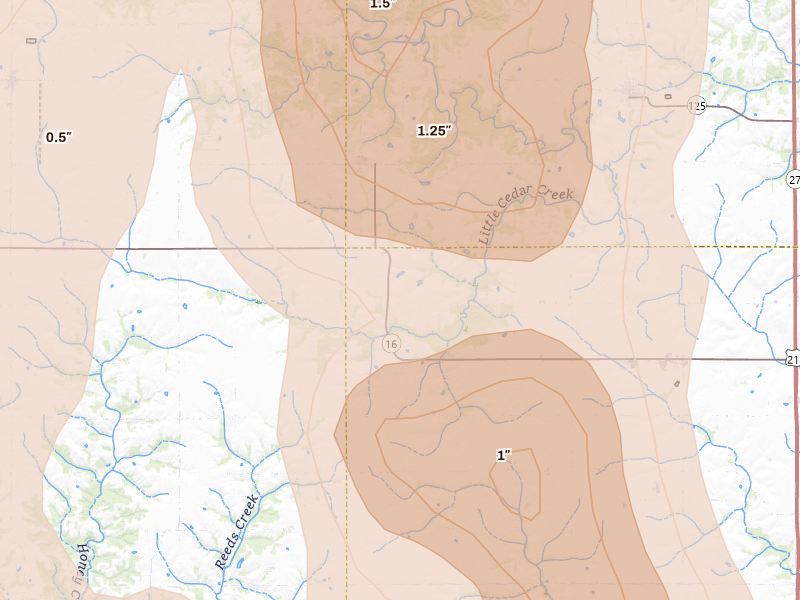 Radar-estimated hail-size map of the storm over Hillsboro, IA on Aug 7, 2026