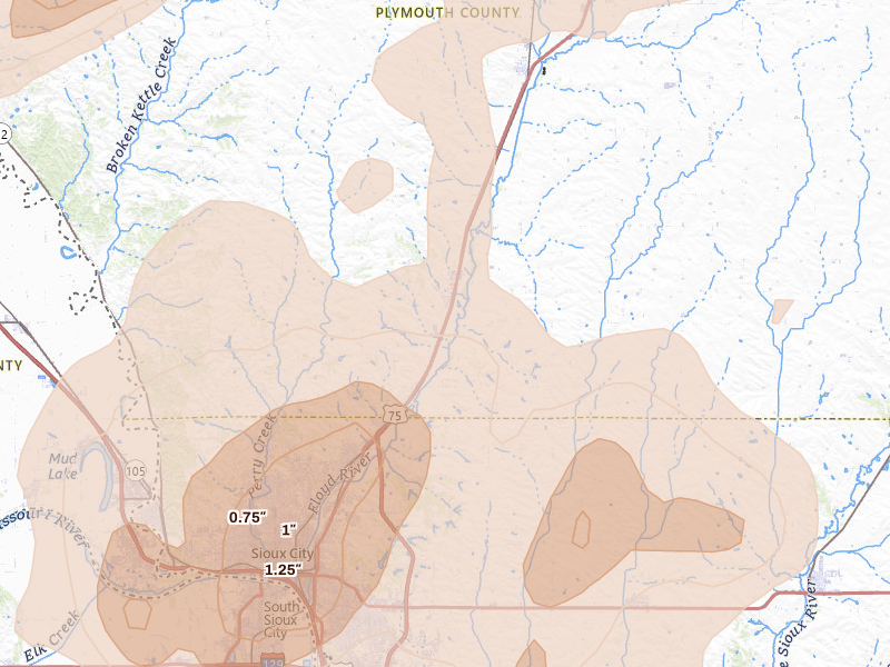 Radar-estimated hail-size map of the storm over Hinton, IA on May 17, 2026
