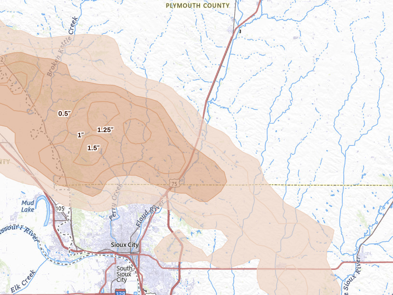 Radar-estimated hail-size map of the storm over Hinton, IA on May 31, 2026