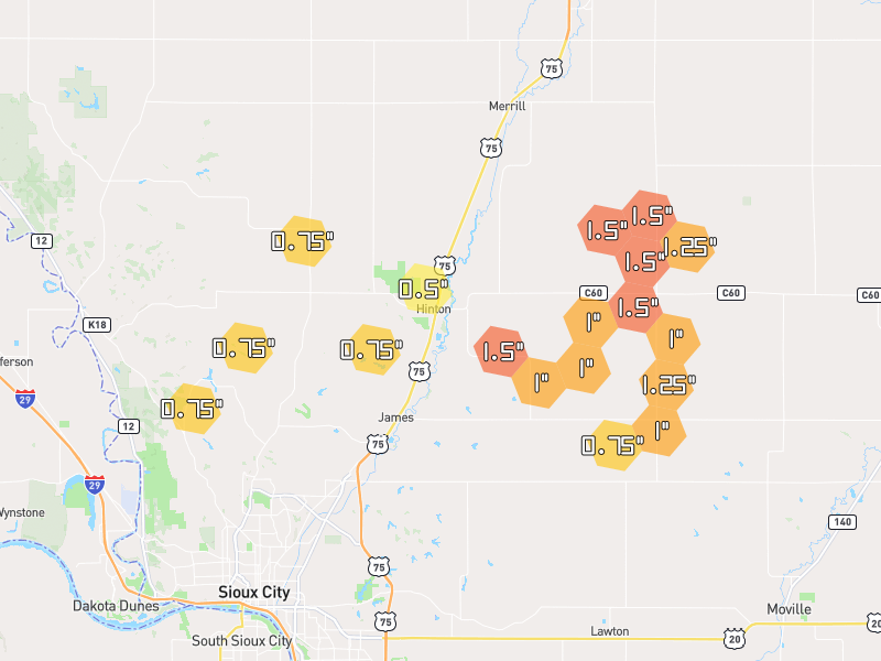 Hail map of Hinton, IA on Jul 1, 2026, hail up to 1.5"