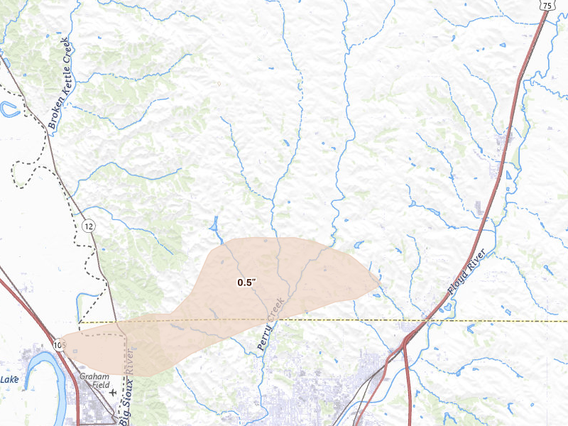 Radar-estimated hail-size map of the storm over Hinton, IA on Aug 11, 2026
