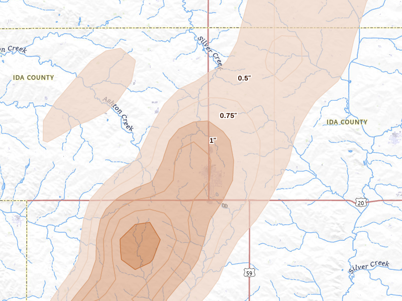 Radar-estimated hail-size map of the storm over Holstein, IA on Apr 23, 2026