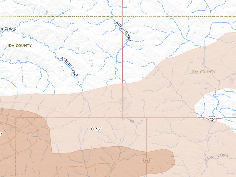 Radar-estimated hail-size map of the storm over Holstein, IA on May 15, 2026