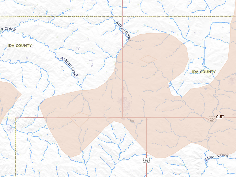 Radar-estimated hail-size map of the storm over Holstein, IA on Jun 16, 2026