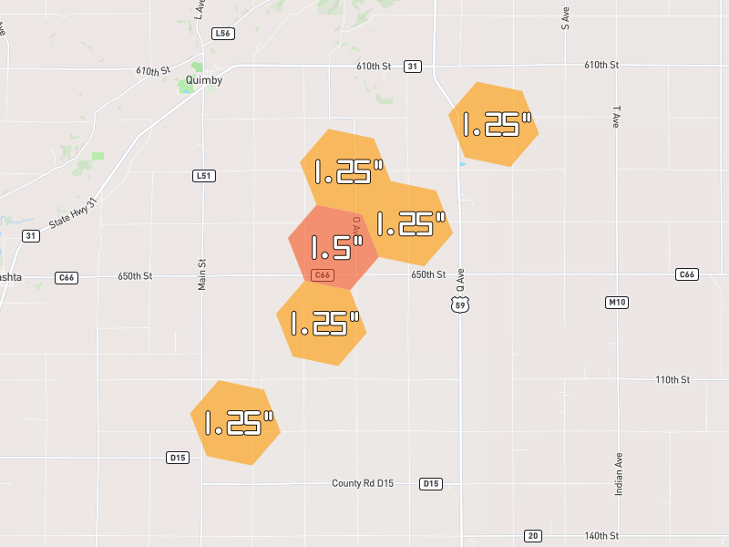 Hail map of Holstein, IA on Jul 2, 2026, hail up to 1.5"