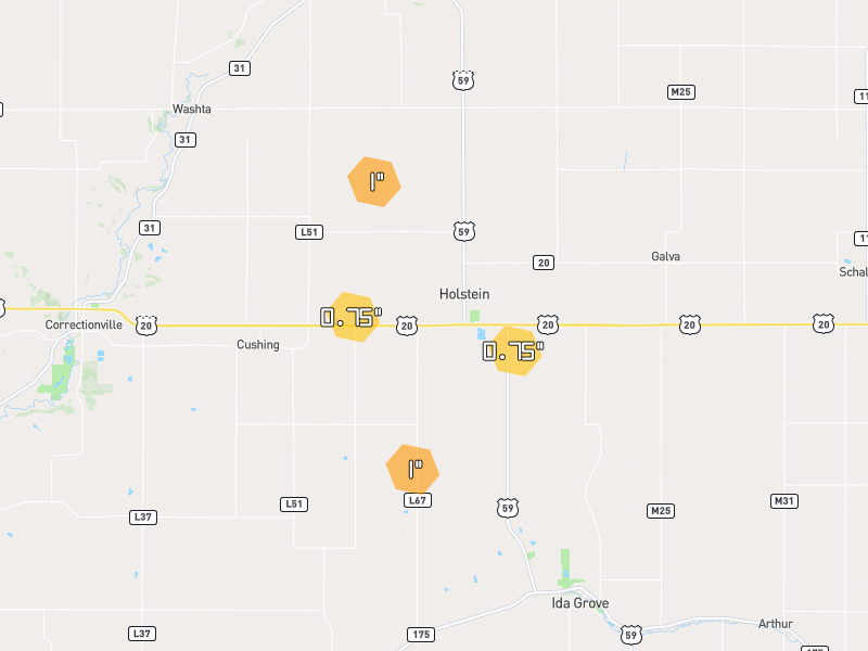 Hail map of Holstein, IA on Jul 3, 2026, hail up to 1"