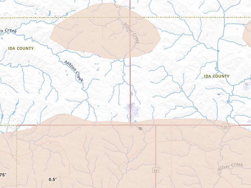 Radar-estimated hail-size map of the storm over Holstein, IA on Jul 8, 2026