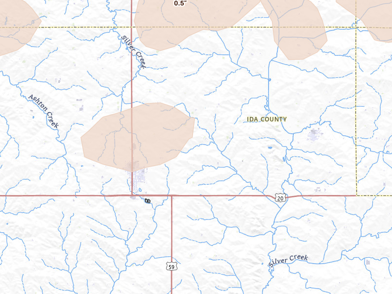 Radar-estimated hail-size map of the storm over Holstein, IA on Aug 10, 2026
