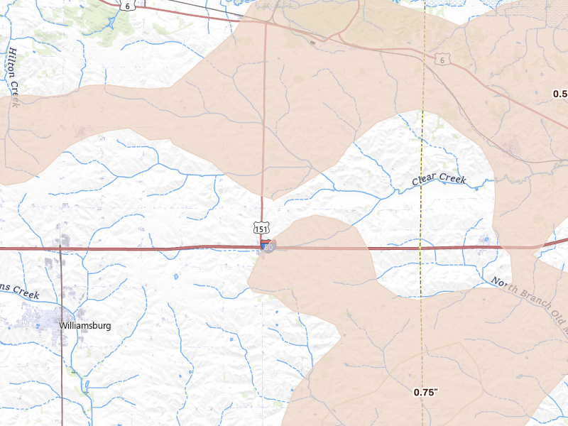 Radar-estimated hail-size map of the storm over Homestead, IA on Jul 3, 2026