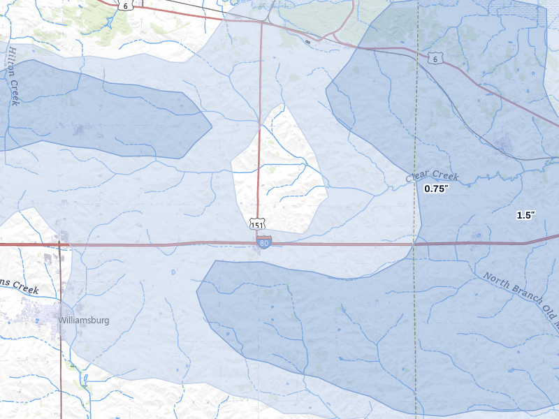 NEXRAD radar-signature map of the hail storm over Homestead, IA on Jul 3, 2026