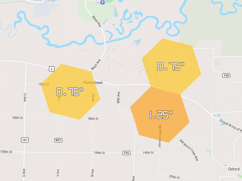Hail map of Homestead, IA on Jul 4, 2026, hail up to 1.25"