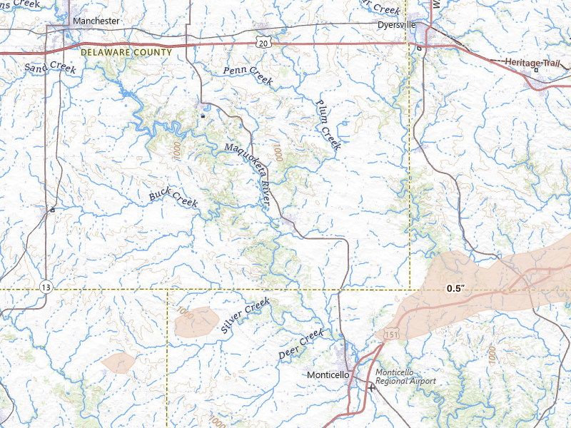 Radar-estimated hail-size map of the storm over Hopkinton, IA on Mar 10, 2026