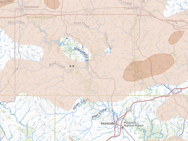 Radar-estimated hail-size map of the storm over Hopkinton, IA