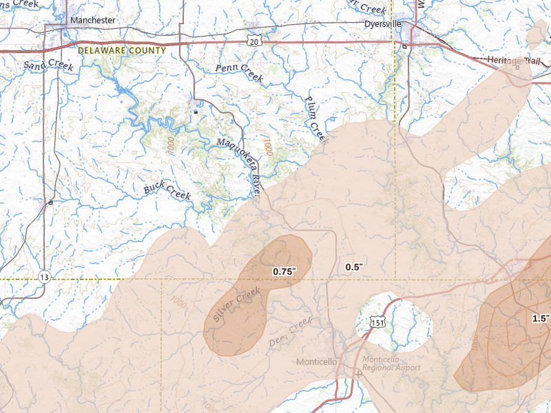 Radar-estimated hail-size map of the storm over Hopkinton, IA on Apr 17, 2026