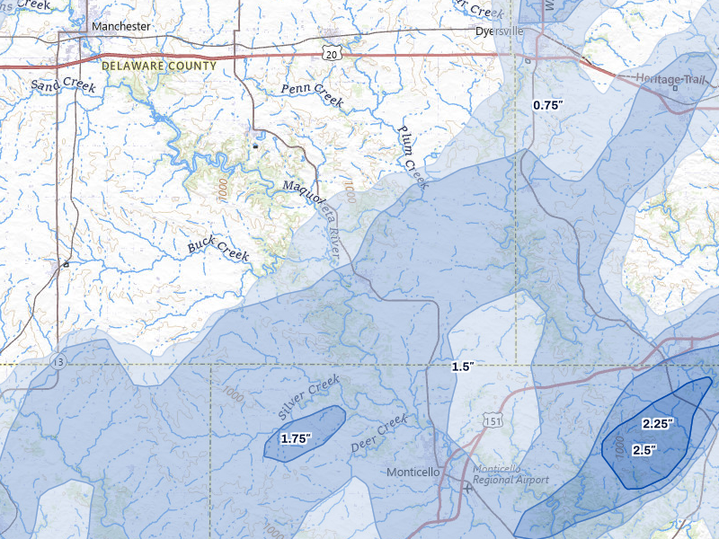 NEXRAD radar-signature map of the hail over Hopkinton, IA