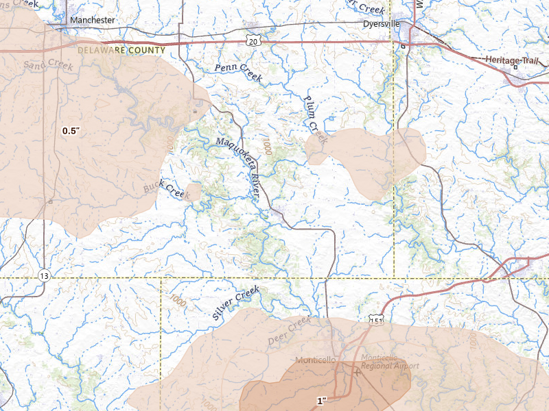 Radar-estimated hail-size map of the storm over Hopkinton, IA on Jun 28, 2026