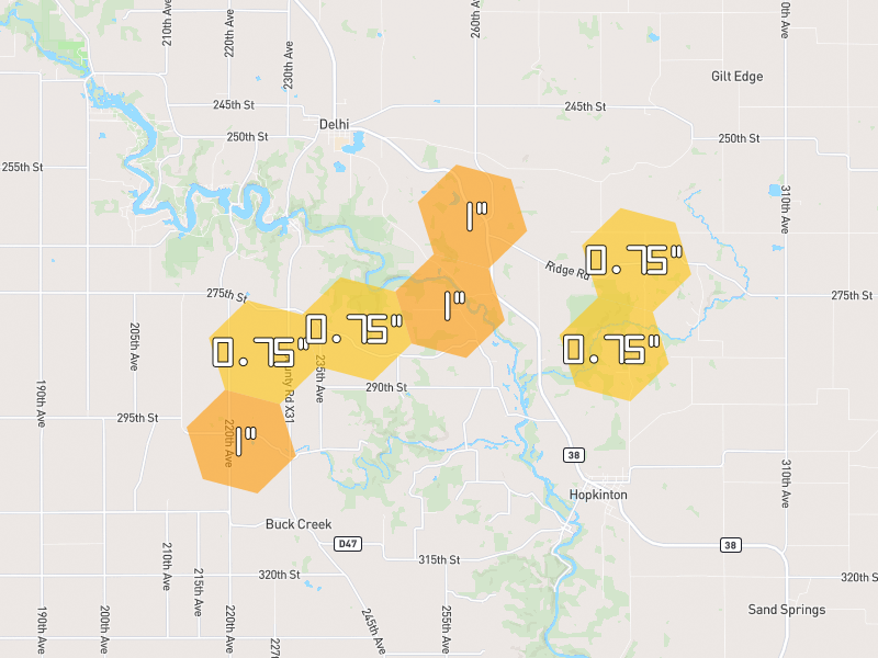 Hail map of Hopkinton, IA on Jul 2, 2026, hail up to 1"