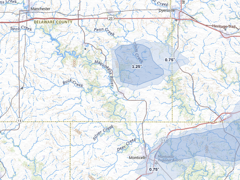 NEXRAD radar-signature map of the hail storm over Hopkinton, IA on Jul 3, 2026
