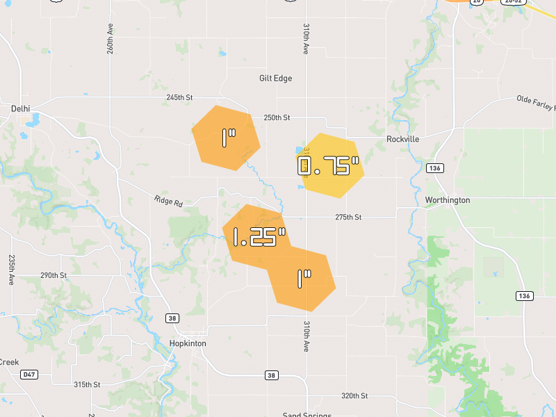 Hail map of Hopkinton, IA on Jul 3, 2026, hail up to 1.25"