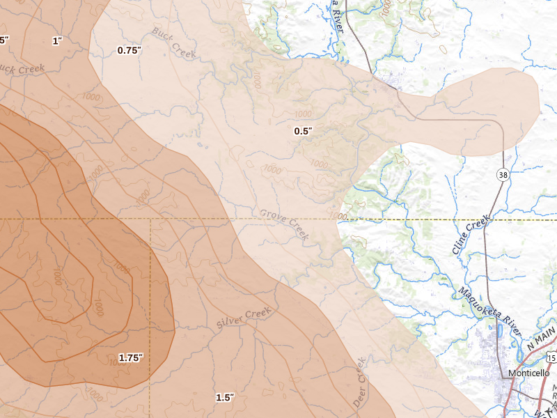 Radar-estimated hail-size map of the storm over Hopkinton, IA on Aug 7, 2026