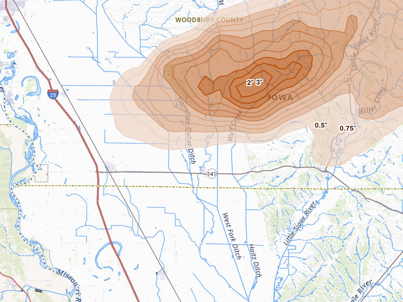 Radar-estimated hail-size map of the storm over Hornick, IA on May 15, 2026