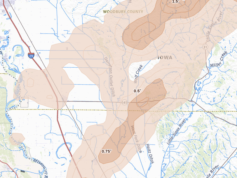 Radar-estimated hail-size map of the storm over Hornick, IA on May 18, 2026