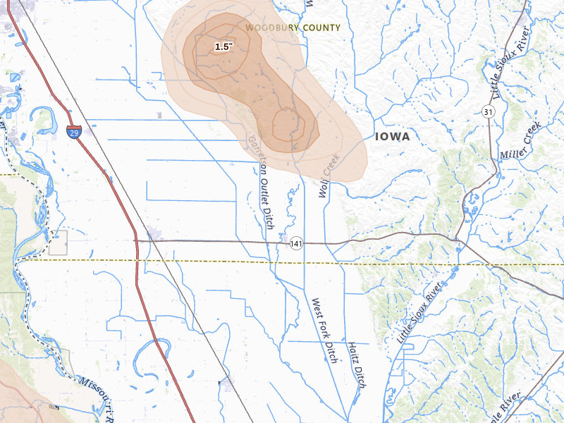Radar-estimated hail-size map of the storm over Hornick, IA on May 31, 2026