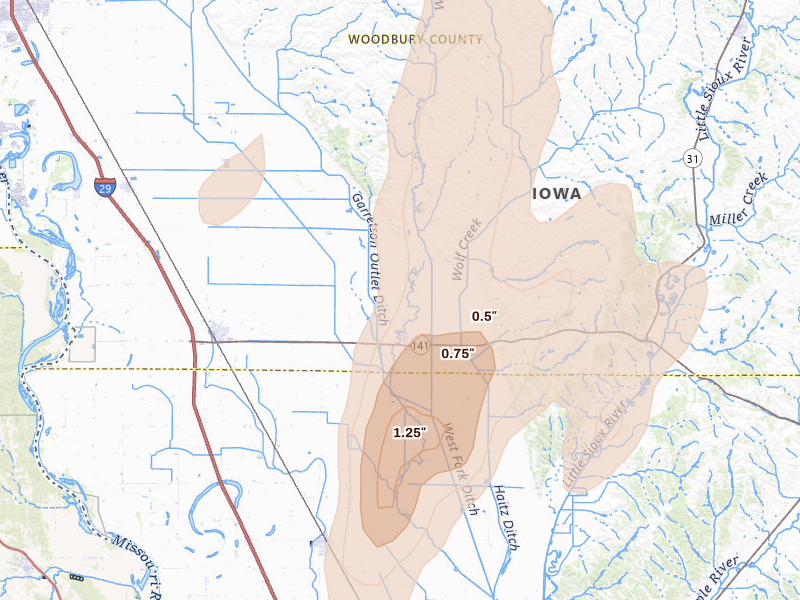 Radar-estimated hail-size map of the storm over Hornick, IA on Jun 30, 2026
