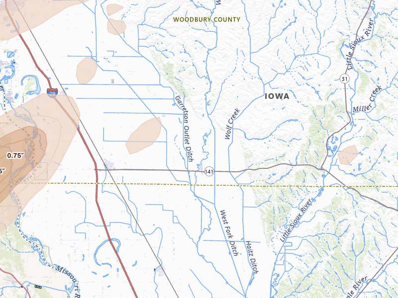 Radar-estimated hail-size map of the storm over Hornick, IA on Jul 1, 2026