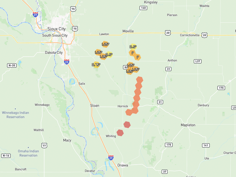 Hail map of Hornick, IA on Jul 1, 2026, hail up to 2.25"