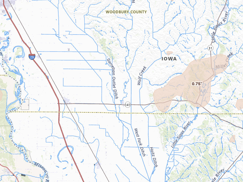 Radar-estimated hail-size map of the storm over Hornick, IA on Jul 2, 2026