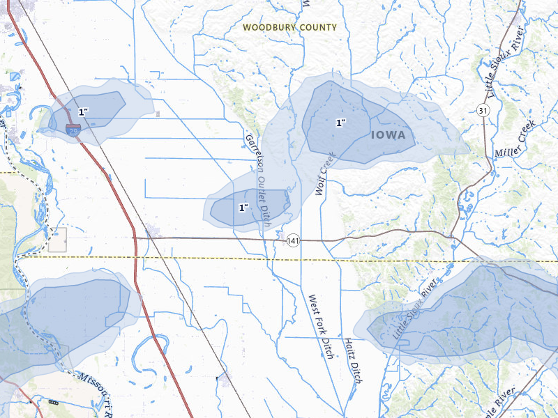 NEXRAD radar-signature map of the hail storm over Hornick, IA on Jul 8, 2026