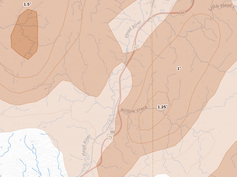 Radar-estimated hail-size map of the storm over Hospers, IA on Jun 27, 2026