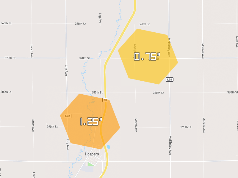 Hail map of Hospers, IA on Jun 30, 2026, hail up to 1.25"