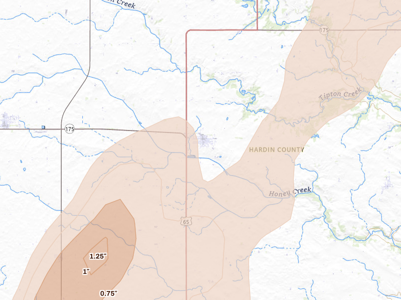 Radar-estimated hail-size map of the storm over Hubbard, IA on Jul 2, 2026