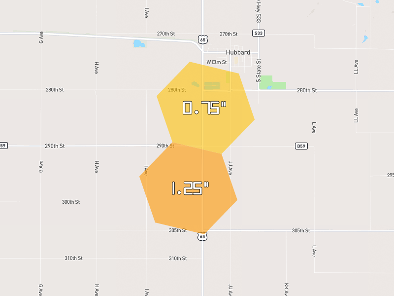 Hail map of Hubbard, IA on Jul 2, 2026, hail up to 1.25"