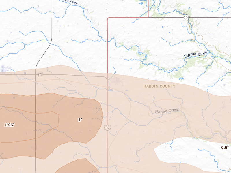 Radar-estimated hail-size map of the storm over Hubbard, IA on Aug 11, 2026