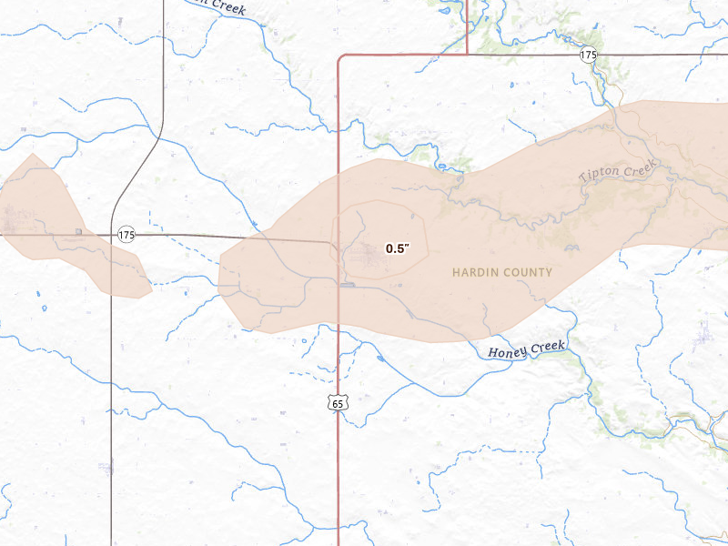 Radar-estimated hail-size map of the storm over Hubbard, IA on Aug 12, 2026