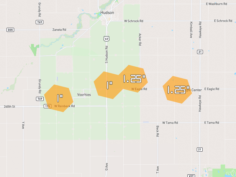 Hail map of Hudson, IA on Jun 28, 2026, hail up to 1.25"