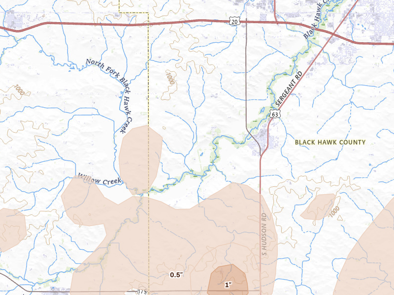 Radar-estimated hail-size map of the storm over Hudson, IA on Jul 2, 2026