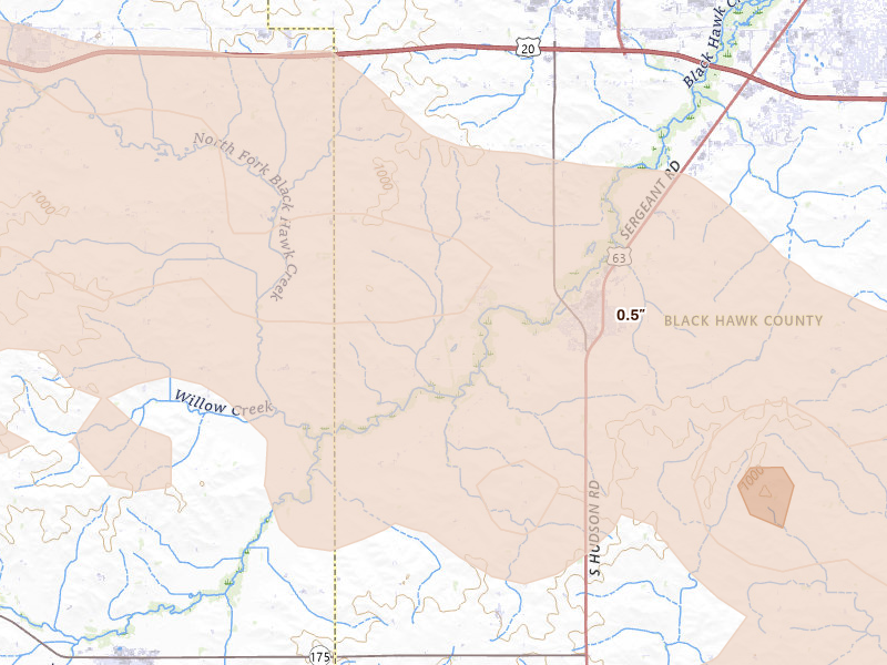 Radar-estimated hail-size map of the storm over Hudson, IA on Aug 7, 2026
