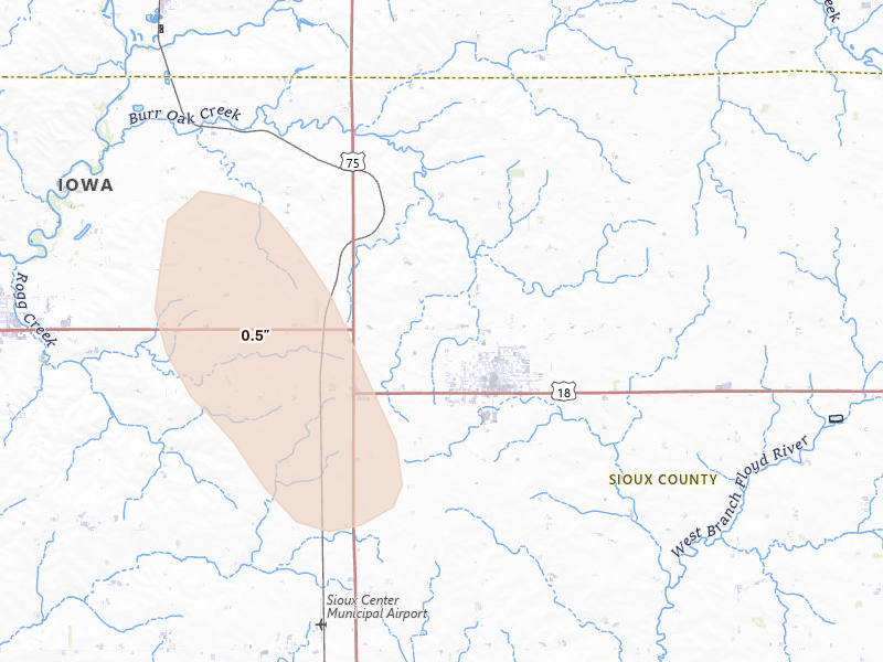 Radar-estimated hail-size map of the storm over Hull, IA on May 16, 2026